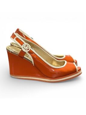 Michael Kors Y2K Leather Orange Platform Wedge Heels Sling Back Peep Toe Sz 7.5